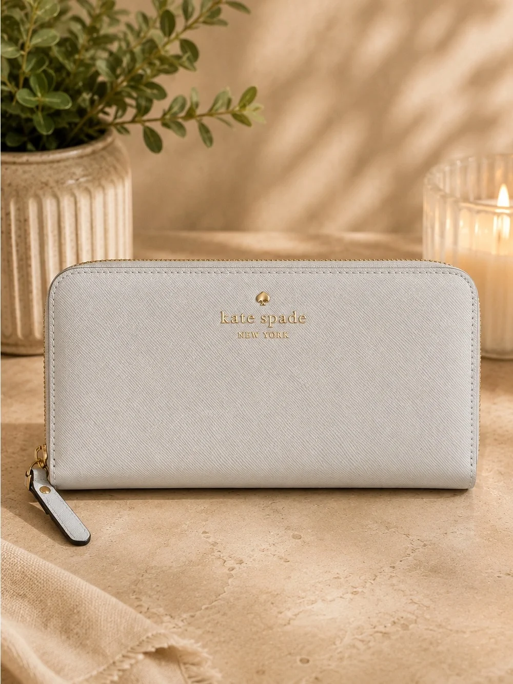 Kate Spade New York Light Blue Zip Around Wallet Saffiano Leather Gold Hardware